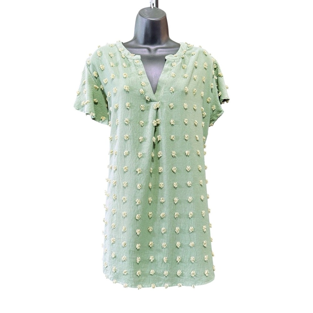 Sage Green Blouse Swiss Dot Pom Pom Short Sleeve V-Neck XXL Merokeety